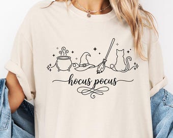 Witchy Spooky Season Comfort Color Shirt, Minimalist Halloween Line Art Tee, Cute Witch Graphic Shirt, Fall Gift for Her