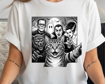 Funny Retro Cat Shirt, Halloween Monster Selfie Tee, Vintage Spooky Cat T-Shirt, Creepy Cute Halloween Gift