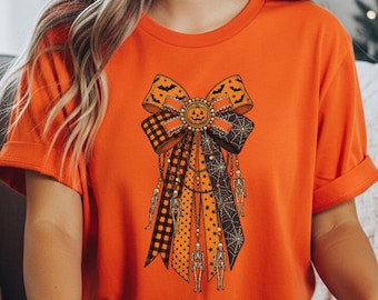 Halloween Skeleton Bow Tee, Vintage Spooky Shirt, Retro Skull Top, Cute Gothic Halloween Shirt, Bow Lover Gift