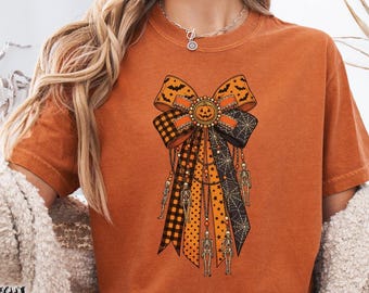Vintage Halloween Bow Comfort Color Shirt, Retro Skeleton Tee, Cute Skull Shirt, Spooky Gothic Top, Halloween Bow Lover Gift