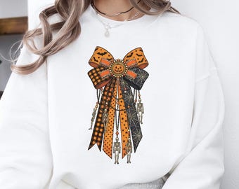 Spooky Skeleton Bow Sweatshirt, Retro Halloween Sweater, Vintage Skull Sweater, Cute Gothic Top, Halloween Party Gift