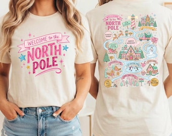 Girly Pink Christmas Shirt, Cute Holiday Tee, Vintage Christmas Village Design, Retro Winter Top, Front and Back Print