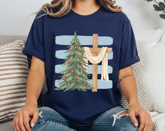 Christian Christmas Shirt, Cross and Tree Holiday Tee, Holy Faith Quote Shirt, Religious Christmas Gift, Church Apparel