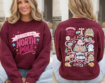 Pink Christmas Village Sweatshirt, Retro Holiday Sweater, Cute Girly Winter Sweater, Vintage Christmas Top, Front and Back Sweater