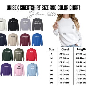 May include: A size and color chart for unisex sweatshirts. The chart displays various sweatshirt colors, including white, black, navy, and red. Measurements are provided in inches and centimeters for chest and length, ranging from size small to 5XL.