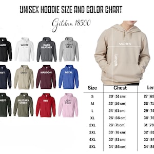 May include: Unisex hoodie size and colour chart for Gildan 18500. The chart shows 12 different colours of hoodies, including black, white, dark heather, sport grey, navy, sand, maroon, royal, forest, military green, red, and light pink. The chart also shows the size and chest measurements in inches and centimetres, and the length measurements in inches and centimetres.