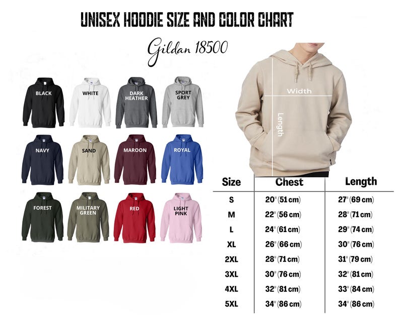 May include: Unisex hoodie size and colour chart for Gildan 18500. The chart shows 12 different colours of hoodies, including black, white, dark heather, sport grey, navy, sand, maroon, royal, forest, military green, red, and light pink. The chart also shows the size and chest measurements in inches and centimetres, and the length measurements in inches and centimetres.