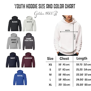 May include: Youth hoodie size and colour chart with Gildan 18500B text. The chart shows different colours of hoodies, including black, white, sport grey, dark heather, navy, maroon, and royal blue. The chart also includes a size chart with chest and length measurements in inches and centimetres for sizes XS, S, M, L, and XL.