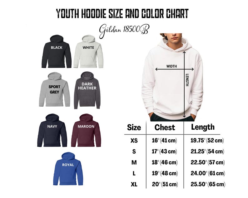 May include: Youth hoodie size and colour chart with Gildan 18500B text. The chart shows different colours of hoodies, including black, white, sport grey, dark heather, navy, maroon, and royal blue. The chart also includes a size chart with chest and length measurements in inches and centimetres for sizes XS, S, M, L, and XL.