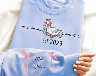 Personalized Mama Goose Sweatshirt  EST. 2023 ,Custom Kids’ Names Gift for Moms, Mama Goose Crewneck Personalized with Children’s Names