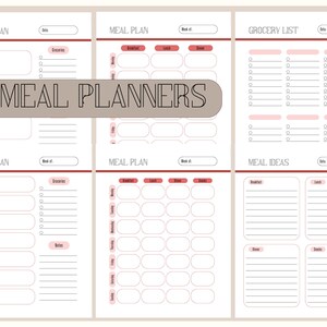 Può includere: Un planner di pasti stampabile con sei pagine. Le pagine sono divise in sezioni per la pianificazione dei pasti, le liste della spesa e le idee per i pasti. Le pagine sono decorate con accenti rossi e rosa.
