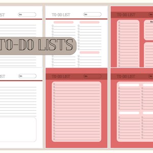 Pode incluir: Um planejador de lista de tarefas imprimível com seis seções. Cada seção tem uma borda vermelha e um interior branco com linhas para escrever. O título de cada seção é "TO-DO LIST". O título do planejador é "TO-DO LISTS".