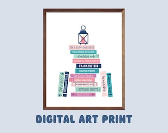 Classics Book Stack Digital Art Print, Bookish Prints, Gifts for Readers, Printable Decor, Wall Art