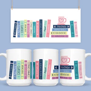 May include: White ceramic mug with a colorful bookshelf design featuring different book genres, including fantasy, thriller, memoir, romance, science fiction, poetry, and more. The mug has a pink heart-shaped handle and a pink heart on the front.
