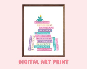 Sprookjesboek stapel digitale kunstafdruk, afdrukbaar decor, leesgrage prints, prinses, dochter