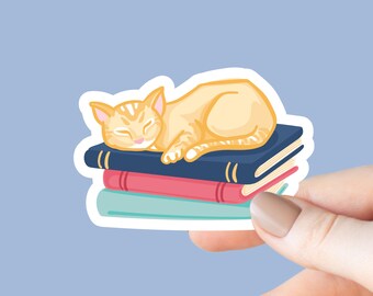 Cat and Books Sticker, Bookish Laptop Kindle Decal, Gifts for Readers