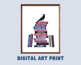 Horror Tropes Book Stack Digital Art Print, Printable Decor, Bookish Prints, Gifts for Readers