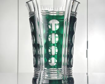 Val St. Lambert: Jarrón Art Déco 'Achille' – cristal tallado y duplicado en blanco y verde – Hubert Fouarge – 1938 – firmado en la pastille