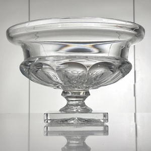 May include: A clear, decorative glass bowl with a wide, rounded top and a detailed, patterned base. The bowl sits on a square, clear base, reflecting light. The design is elegant and suitable for display.