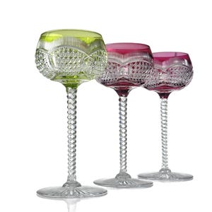 Val St. Lambert: exceptional antique wine glasses in colored crystal - Aaron cut - 1910s (ref. AD199)