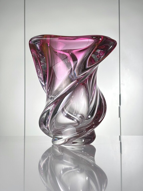 Val St. Lambert: Sommerso vaas 'Conque' - roze kristal - Antonio en Guido Bon - gesigneerd - 1962