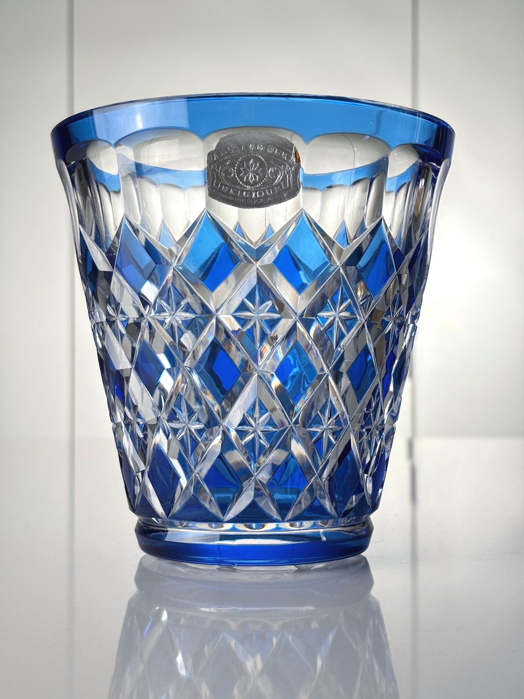 Val St. Lambert: Vase in Blue and White Doubled and Cut Crystal