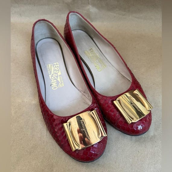Salvatore Ferragamo Red Snakeskin Pattern Leather Flats With Gold Buckle.  Size 6.5 - Etsy