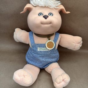 Vintage 1983 Cabbage Patch Kids Koosa Stuffed Animal Dog Plush Toy In Overalls