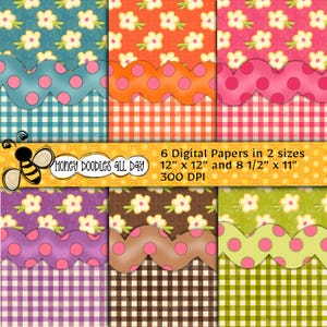 Può includere: Sei carte digitali con motivi floreali e a pois in vari colori, tra cui turchese, arancione e rosa. Ogni carta presenta un bordo smerlato e un motivo a quadretti vichy. Le carte sono disponibili nei formati 30,5 cm x 30,5 cm e 21,6 cm x 27,9 cm.