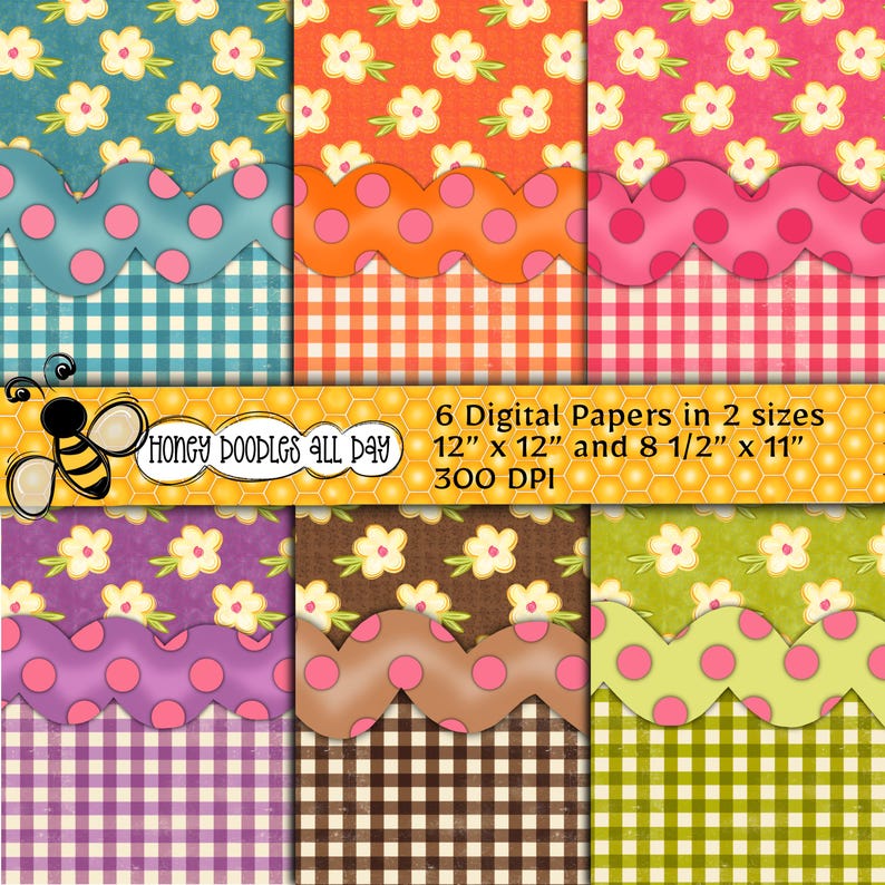 Template For Paper Ric Rac 6 Gingham Floral Digital Papers Bundle | Polka Dot Ric Rac Accent - Etsy