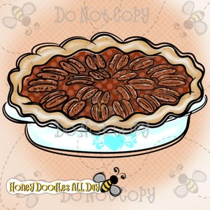 Puede incluir: Una ilustración digital de una tarta de nueces pecán en un plato blanco con borde festoneado. El relleno es marrón con lunares y está cubierto de nueces enteras. El texto Honey Doodles All Day aparece junto a un gráfico de una abeja.
