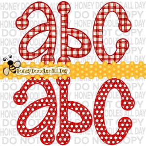 以下が含まれることがあります： 2 つの異なるスタイルで「ABC」の文字を表示するデジタルグラフィック。上段は赤と白のギンガムチェック柄で文字を表示し、下段は白のドットが付いた赤で文字を表示します。「Honey Doodles ALL Day」のテキストも表示されています。