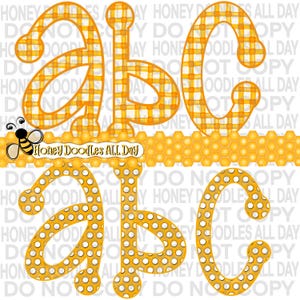 May include: A digital graphic showing the letters "abc" in two designs. The top row has a yellow and white checked pattern, while the bottom row has a yellow background with white polka dots. The image includes the text "Honey Doodles ALL Day".