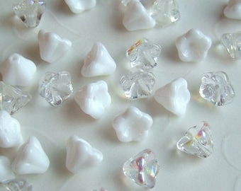 24 pieces of  Czech Glass Trumpet Flowers Beads  in Mixed Opaque White and Crystal AB  Colors - 8 x 6 mm