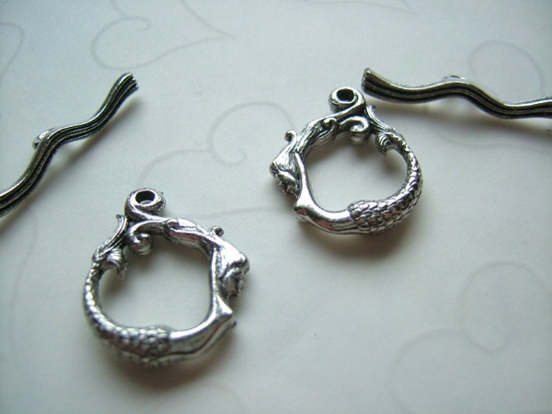 4 Sets of Double Sided Mermaid Toggle Clasp in Antique Silver Color 20mm image 3