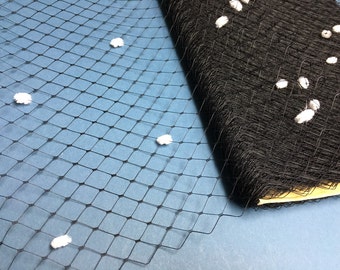 Special Order -- 1 Yards of 12 inches wide BLACK English Merry Widow Veiling with WHITE Chenille Dots