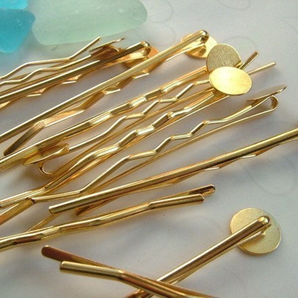 Gold Plated Bobby Pins with 10 mm Round Pad -- 65mm