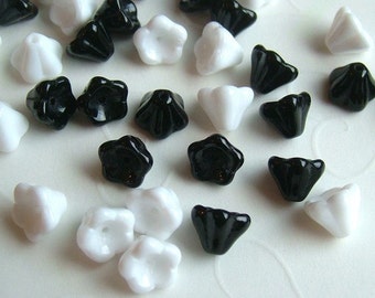 24 pieces of  Czech Glass Trumpet Flowers Beads in Opaque White and Jet Black mixed colors - 8 x 6 mm