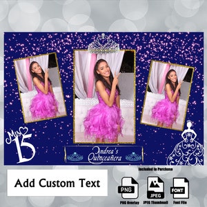 Modelo de cabine fotográfica Quinceañera, layout de cartão postal 4x6, 3 fotos azul