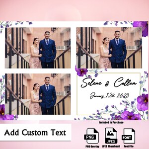 Modelo de cabine fotográfica floral roxo, layout de cartão postal 4x6, 3 fotos de casamento