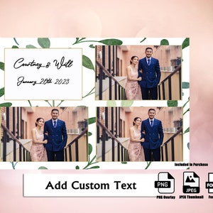 Photo Booth Template, Postcard 4x6 Layout, 3 Photos Green Leaves Wedding, Anniversary, Birthday