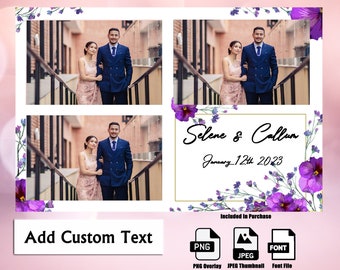 Modello per cabina fotografica floreale viola, layout cartolina 4x6, 3 foto di matrimonio