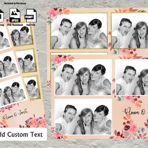Modelo de cabine fotográfica Pacote de casamento Rose Blush Floral dourado e branco com detalhes em faixa 2x6 e cartão postal 4x6