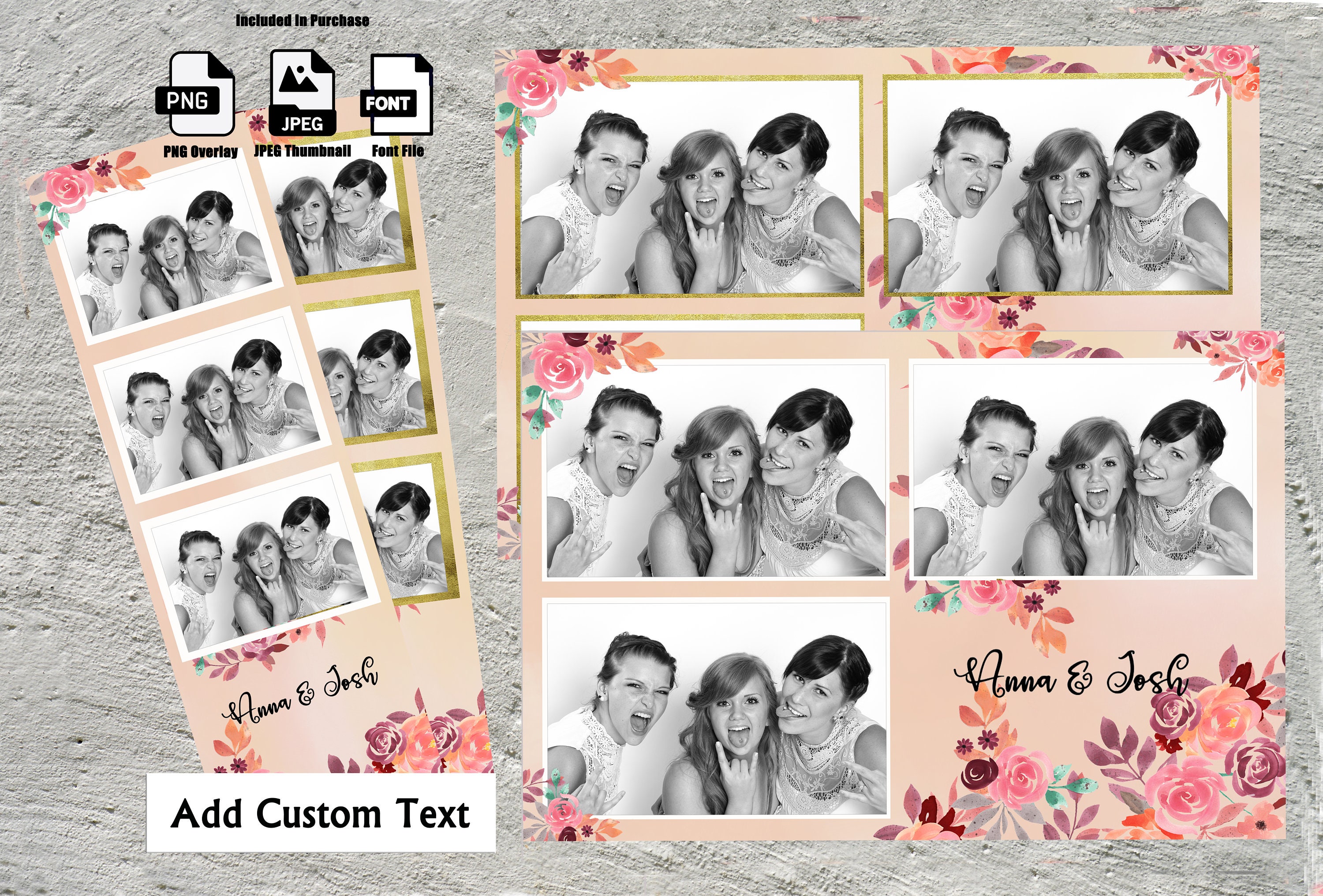 Modello cabina fotografica Pacchetto matrimonio Rosa fard floreale Accenti bianchi e dorati Striscia 2x6 e cartolina 4x6