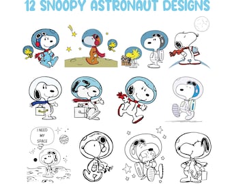 Paquete de 12 diseños de astronautas Snoppy, set de imágenes prediseñadas de Snoppy espacial, adorable perro astronauta de dibujos animados, descarga digital PNG