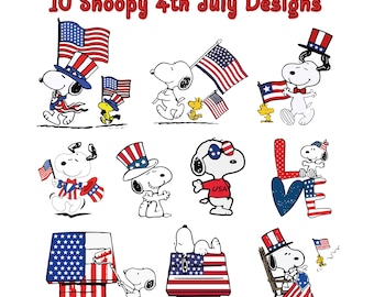 Paquete de imágenes prediseñadas de Snooppy para el 4 de julio, diseños PNG de perros patrióticos (descarga digital)