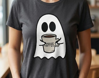 Ilustración de un fantasma de café: divertido fantasma de Halloween con taza de café, acogedor dibujo animado de otoño PNG