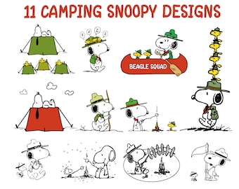 Paquete de imágenes prediseñadas de Snoppy de camping, Snoppy de camping PNG SVG, imágenes prediseñadas de perro de dibujos animados, pegatinas de perro de camping, archivos SVG de Snoppy, descarga digital