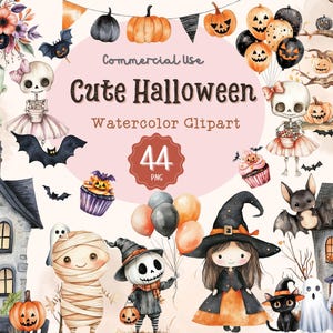 Cute Halloween Watercolor clipart Bundle, Spooky, Ghost, Pumpkin, Witch PNG, skeleton, Commercial use, Fall, Halloween for kids
