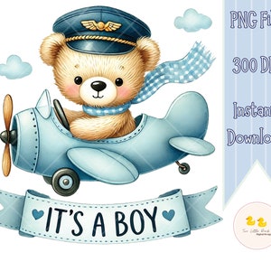 It's a Boy Pilot Teddy PNG, Boy baby shower, Aviator Bear Watercolor Clipart, gender reveal , airplane, baby shower, Commercial Use